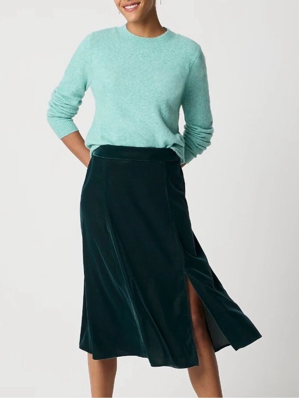 J.Crew Velvet pull-on midi skirt A Line S Small Darkest Forest Green